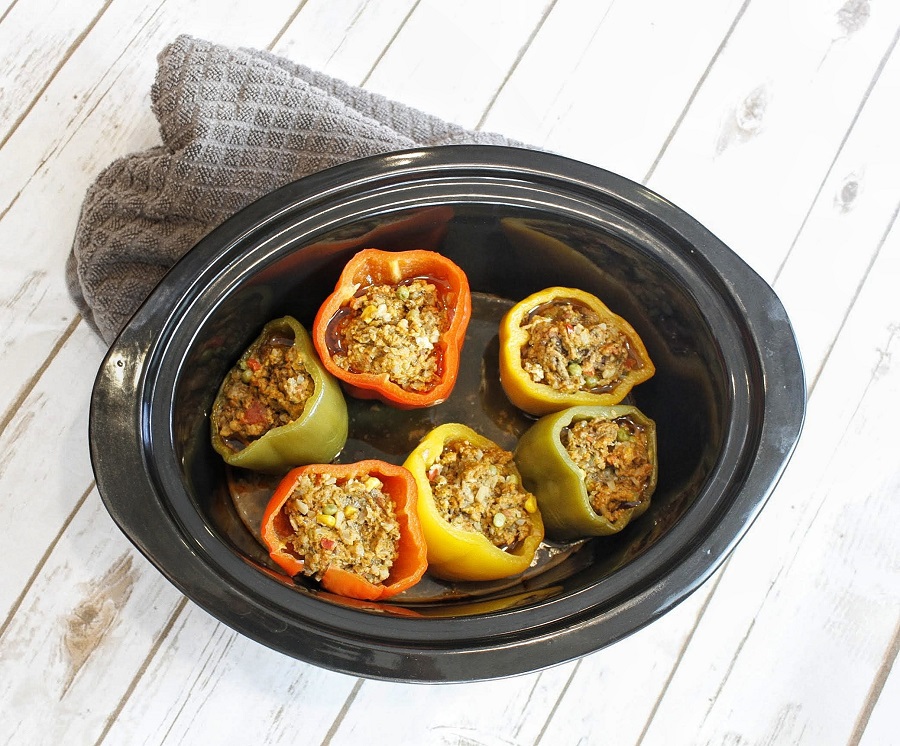 Low Carb Crock Pot Stuffed Peppers Overhead View of Peppers in a Crockpot
