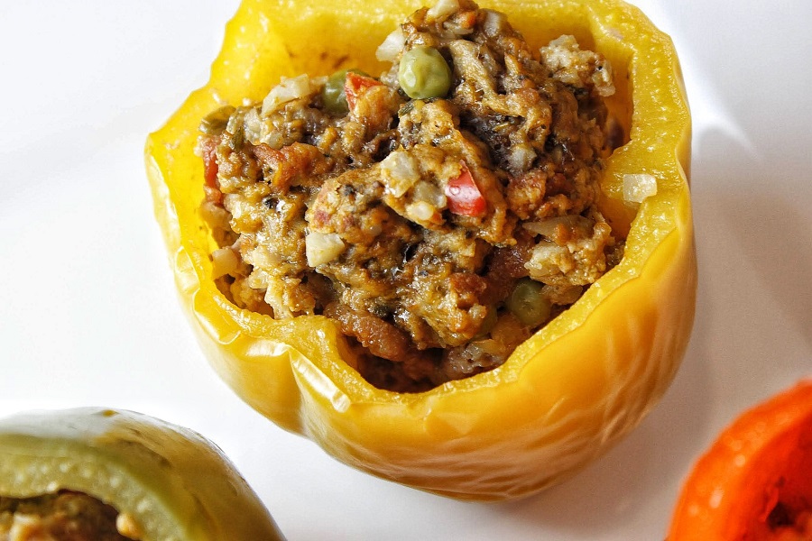 Low Carb Crock Pot Stuffed Peppers Close Up of a Yellow Stuffed Pepper