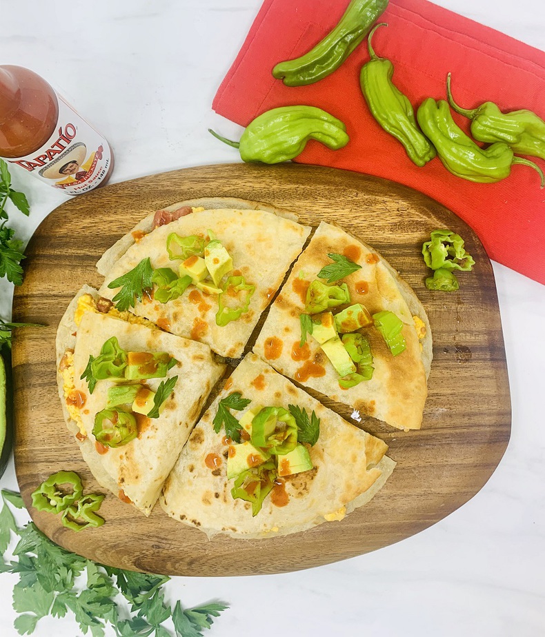 Healthy Breakfast Quesadilla Recipe Finished Quesadilla on a Cutting Board