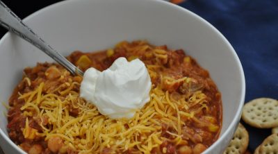 Healthy Chicken Chili Crockpot Recipes Close Up of Chili with Sour Cream