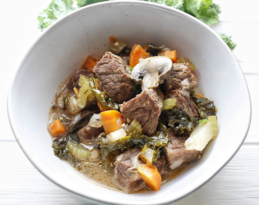 2B Mindset Instant Pot Beef Stew Finished Stew in a White Bowl