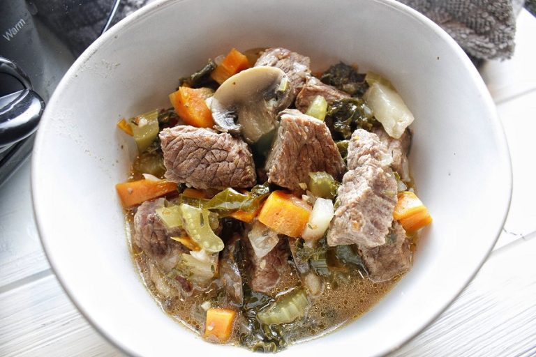 Crockpot Low Carb Beef Stew in a White Bowl