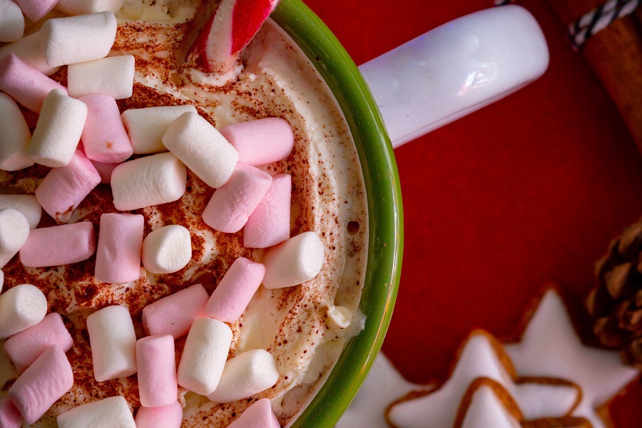 Slow Cooker Spiked Peppermint Hot Chocolate Recipes Overhead Close Up of a Cup of Hot Chocolate with Marshmallows