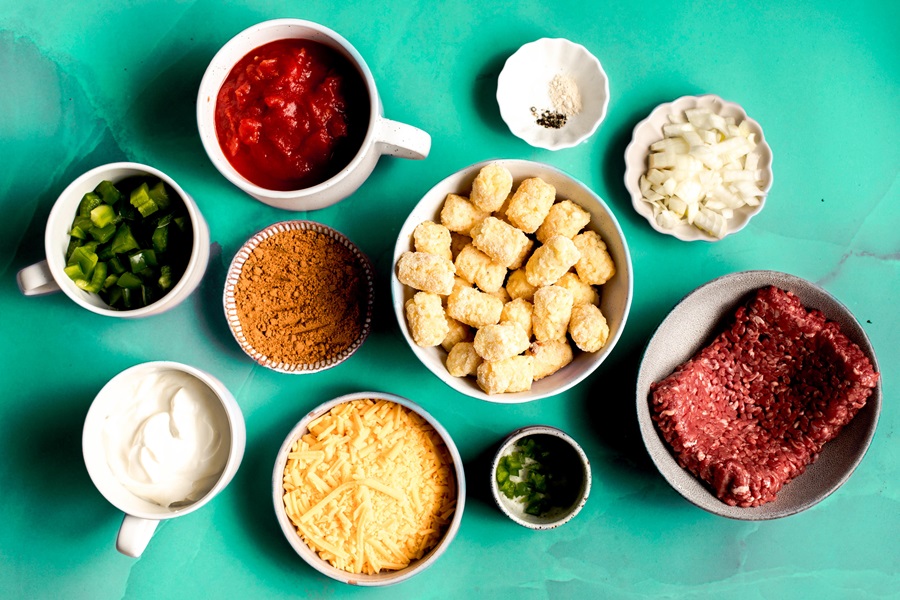 Slow Cooker John Wayne Casserole with Tater Tots Ingredients Separated and Laid Out on a Counter