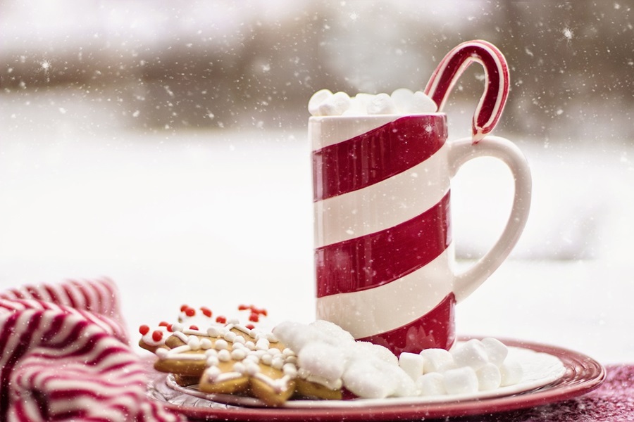 Spiked Hot Chocolate Recipes Close Up of a Red and White Striped Mug Filled with Hot Chocolate and Garnished with a Peppermint Stick on a Plate with Cookies