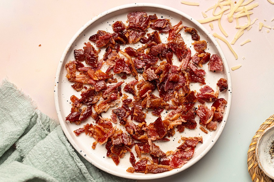 Crockpot Chicken and Bacon Keto Overhead View of a Plate of Bacon Crumbled
