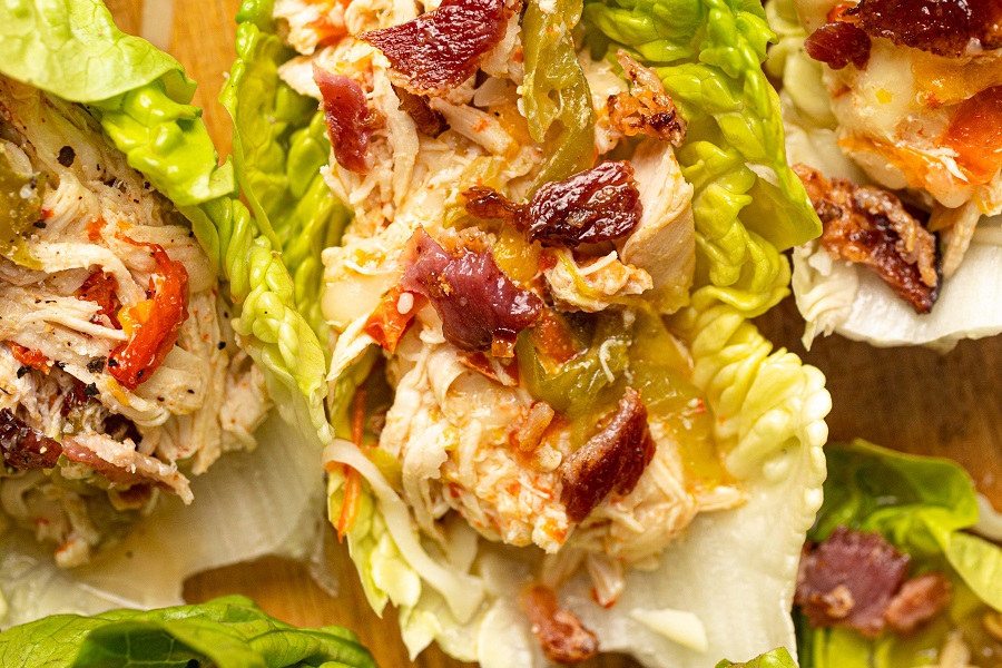 Crockpot Chicken and Bacon Keto Close Up of a Chicken and Bacon Lettuce Wrap