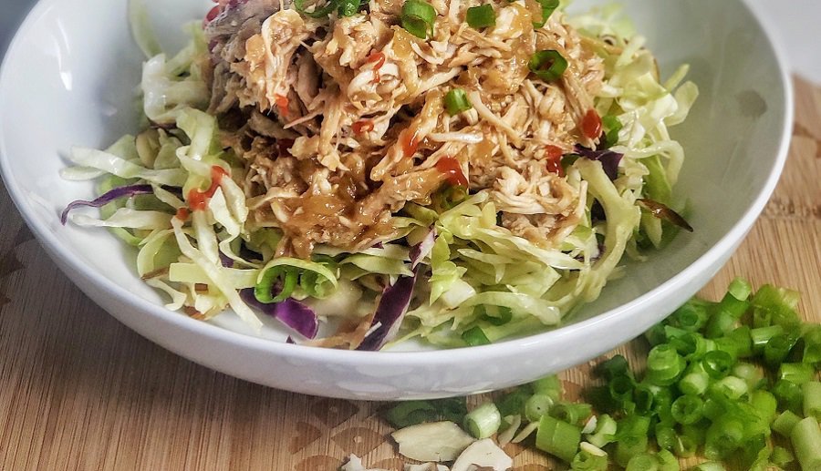 Dairy Free Lunch Ideas Close Up of a Bowl of Salad Topped with Hawaiian Chicken