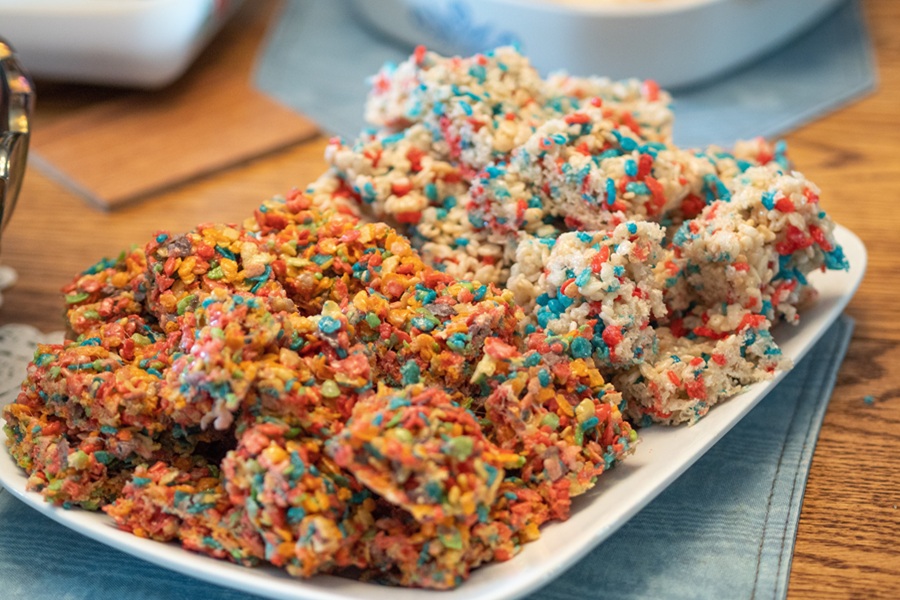 Rice Krispies Treats for Easter an Assortment of Rice Krispies Treats on a Serving Platter