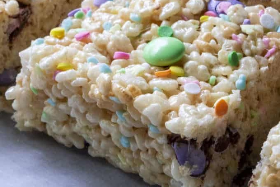 Rice Krispies Treats for Easter Close Up of Rice Krispies with Pastel-Colored Candy Inside and Sprinkles