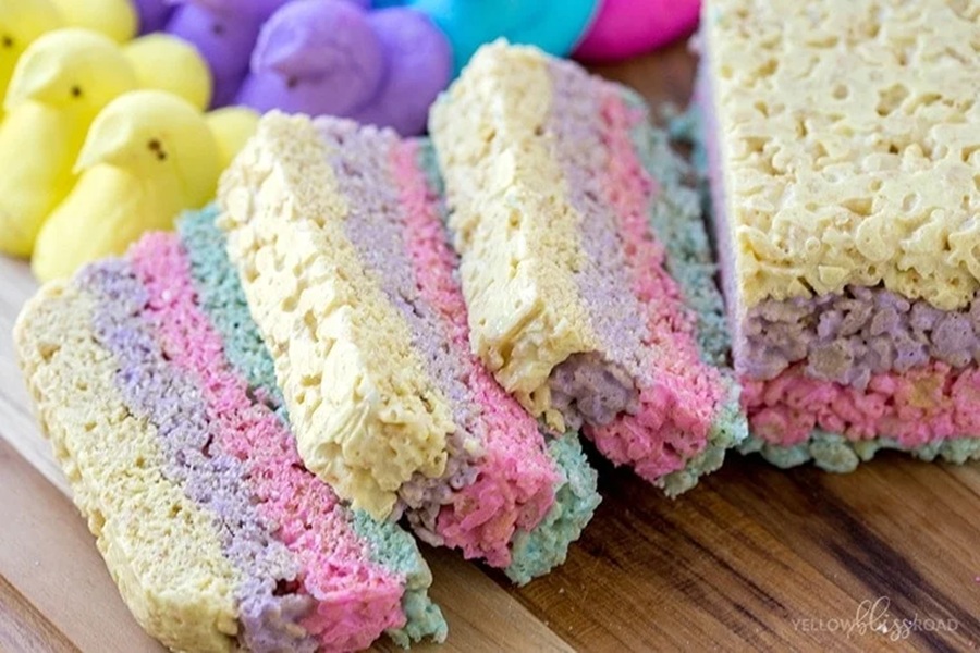 Rice Krispies Treats for Easter Close Up of a Brick of Rice Krispies Treats in Three Different Colors Sliced into Pieces