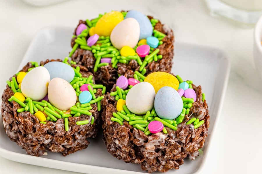 Rice Krispies Treats for Easter Brown Rice Krispies Treats Shaped Like Birds Nests Filled with Candy Eggs