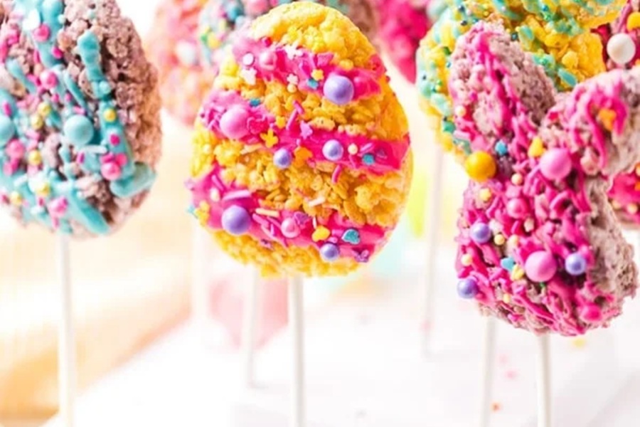 Rice Krispies Treats for Easter Close Up of Rice Krispies Treats in Different Shapes and Colors for Easter on Sticks