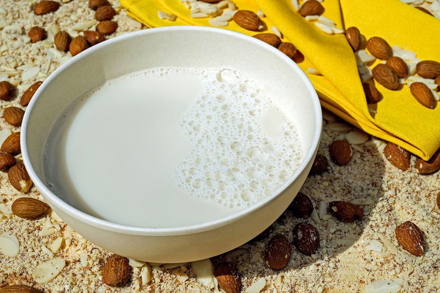 35 No Dairy Diet Breakfast Recipes Close Up of a Bowl of Almond Milk Surrounded by Almonds