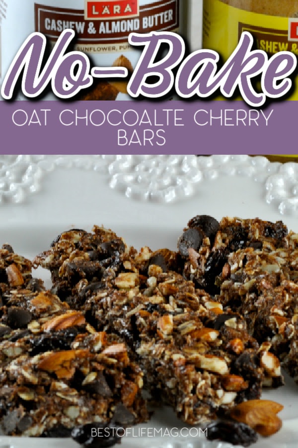 No bake oat chocolate cherry bars are quick and easy to make and they're awesome for on the go snacking or breakfast options! No Bake Recipes | Healthy No Bake Recipes | Healthy Snack Recipes | Homemade Snacks | Oat Snack Recipes | Recipes with Cherries #healthysnacks #nobakerecipes via @amybarseghian