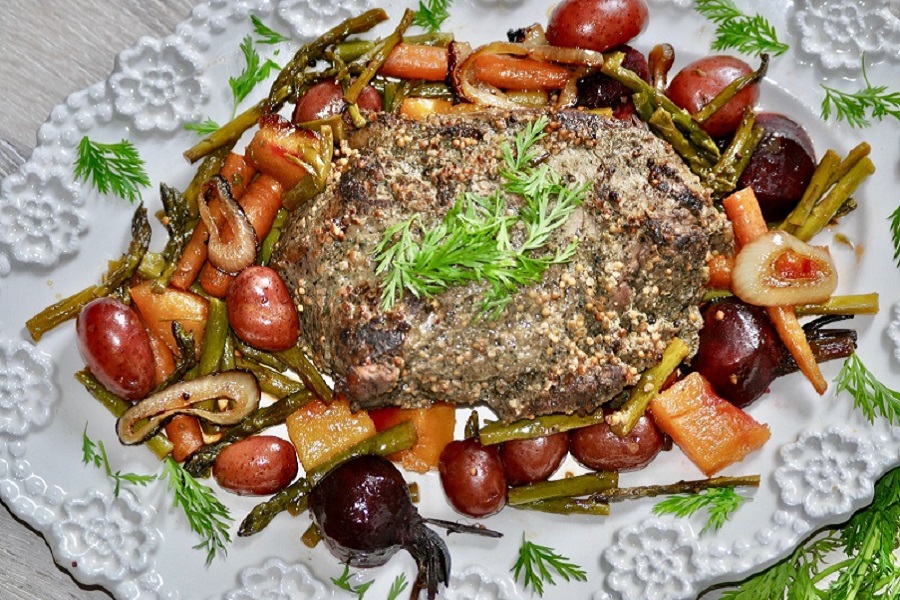 Dairy Free Crockpot Recipes Overhead View of a Platter with a Beef Roast and Roasted Veggies