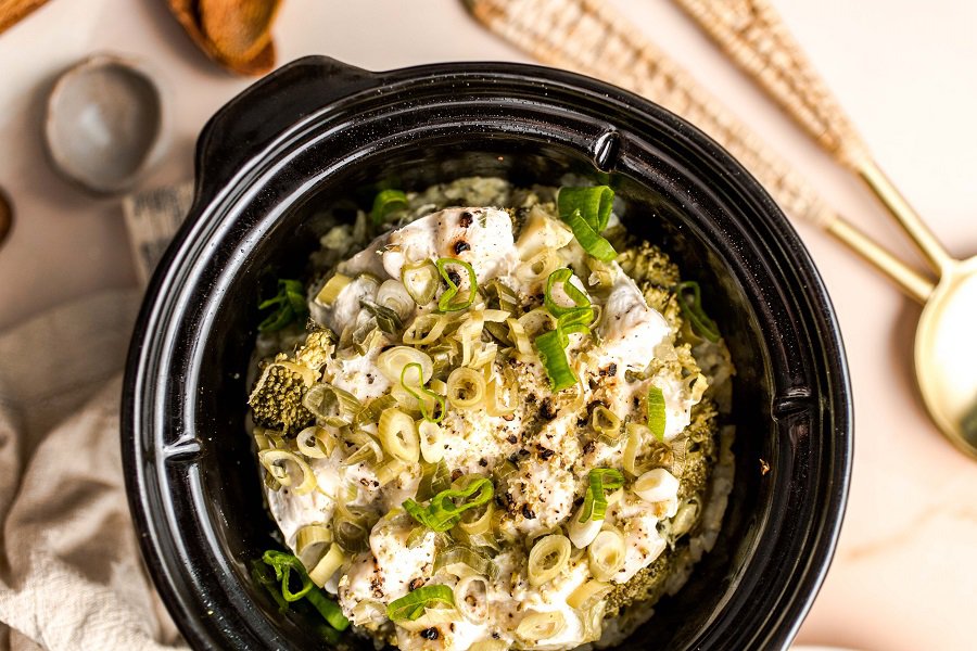 Dairy Free Dinner Recipes Overhead View of a Crockpot Filled with Chicken