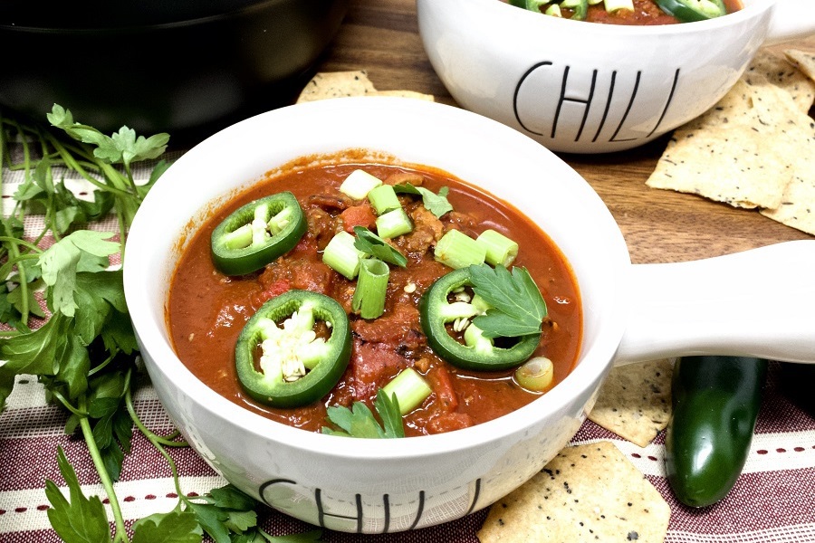 Dairy Free Instant Pot Recipes Close Up of a Bowl of Chili Topped with Jalapenos and Green Onions