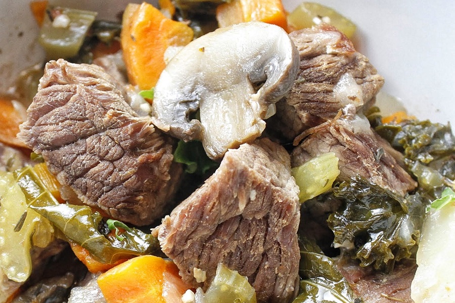 Dairy Free Instant Pot Recipes Close Up of Beef Chunks and Diced Vegetables in a Stew Bowl