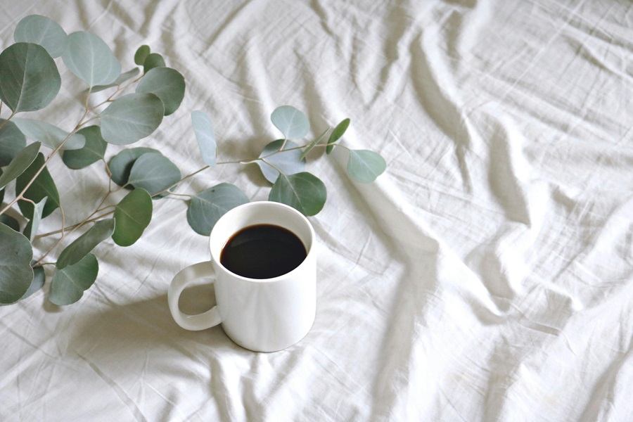 Ketogenic Coffee Creamers a Cup of Coffee on a White Fabric with Leaves in the Background