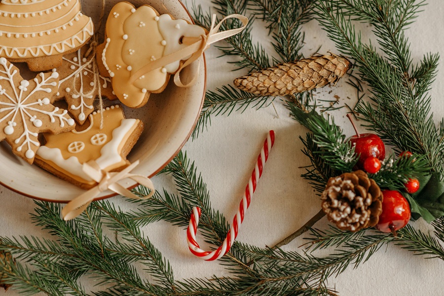 Dairy Free Holiday Cookies Close Up of a Bowl of Holiday Cookies with a Candy Cane, Pine Cones, and Pine Tree Branches