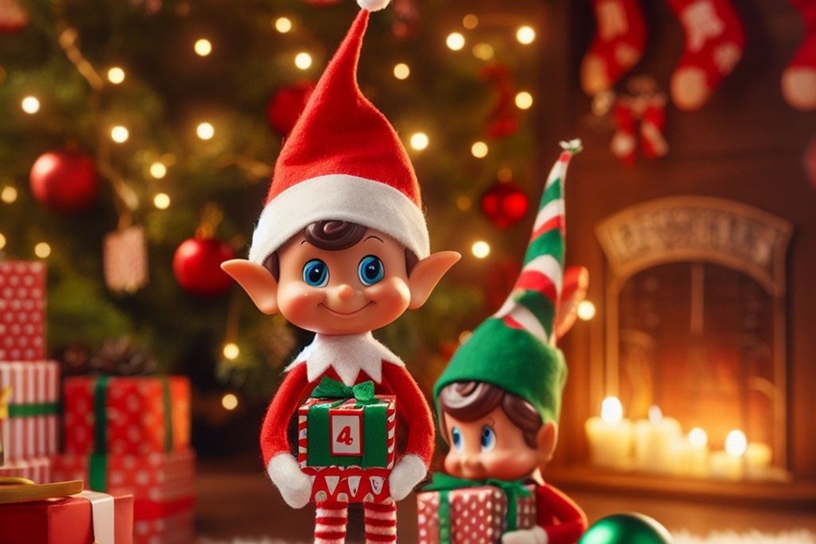 Elf on The Shelf Names Two Elves Each Holding a Gift Standing in Front of a Fireplace with Candles in Front of It