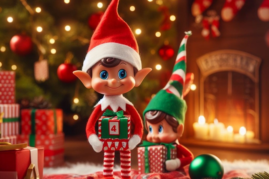 Elf on the Shelf Activities Two Elves Holding Gifts in Front of a Fireplace and a Christmas Tree