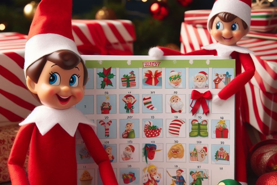 Elf on the Shelf Activities Close Up of Two Elves Holding Up an Advent Calendar 