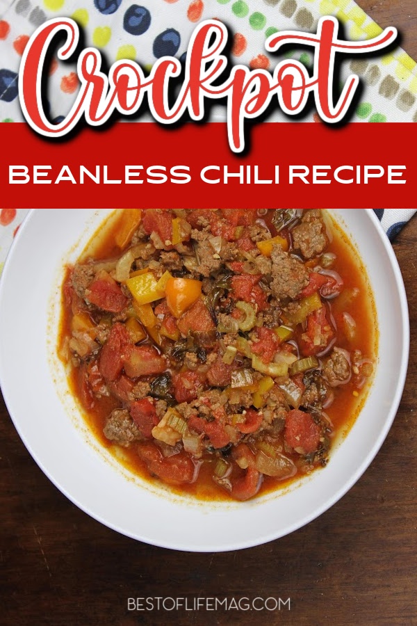 This beanless crockpot chili recipe is delicious and a filling high protein recipe that everyone will enjoy. Slow Cooker Chili Recipe | Slow Cooker Recipes | Dinner Recipes for Families | Crockpot Dinner Recipes | Slow Cooker Dinner Recipes #slowcooker #recipe via @amybarseghian