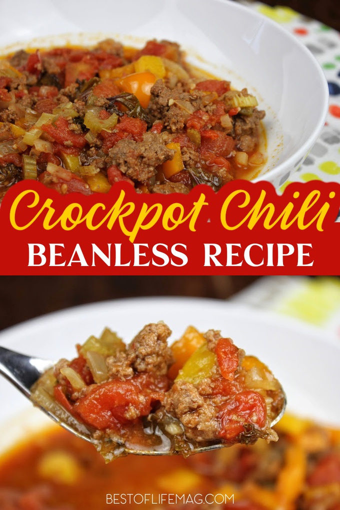 This beanless crockpot chili recipe is delicious and a filling high protein recipe that everyone will enjoy. Slow Cooker Chili Recipe | Slow Cooker Recipes | Dinner Recipes for Families | Crockpot Dinner Recipes | Slow Cooker Dinner Recipes #slowcooker #recipe via @amybarseghian