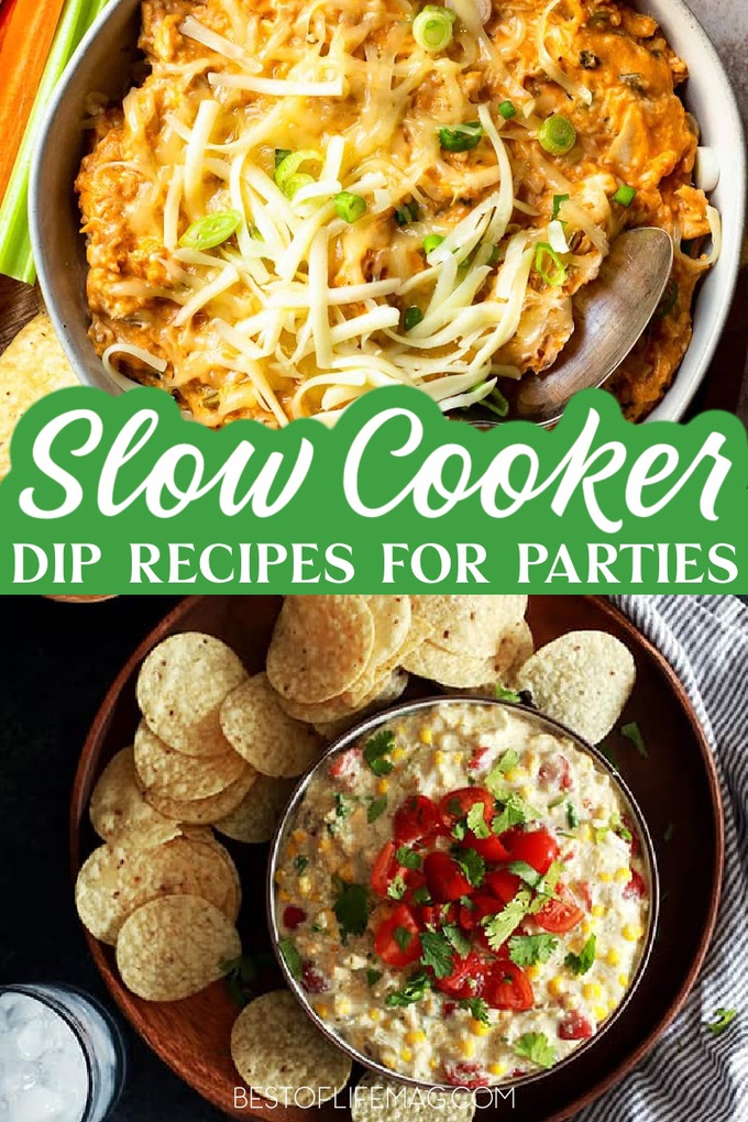 These slow cooker dips will make your life so much easier. You can whip them up ahead of time, turn them on before the party, and forget all the stress! Crockpot Recipes | Crockpot Party Recipes | Slow Cooker Party Recipes | Recipes for Parties | Dip Recipes | Party Recipes | Veggie Dip Recipes | Buffalo Dip Recipes | Dip for Finger Foods | Chees Dip Recipes | Cheesy Recipes for Parties #crockpotrecipes #partydips