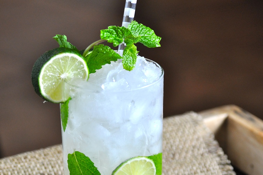 Easy Low Cal Mojito Recipe Close Up of a Mojito Garnished with Sprigs of Mint and Lime Slices