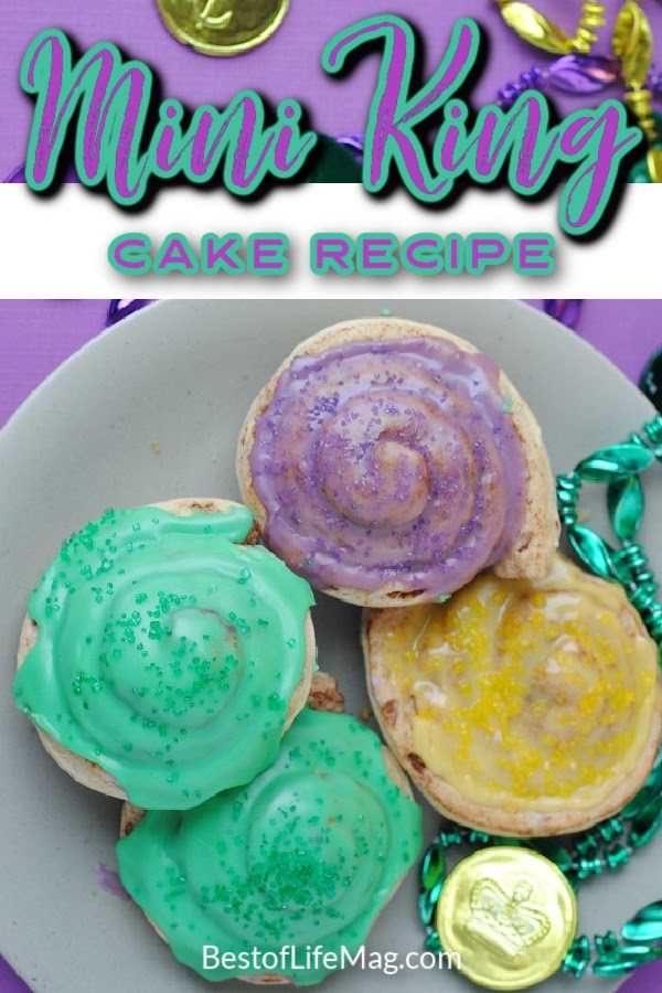 Everyone will love this Mini King Cake Recipe that is easy to make and full of color! The best part is, kids can help make this one. Cake Recipes | Dessert Recipes | King Cake Ideas | Pastry Recipe | Mardi Gras Recipes | Mardi Gras Desserts | Louisana Dessert Recipes | Recipes from Louisiana #kingcake #mardigrasrecipe via @amybarseghian
