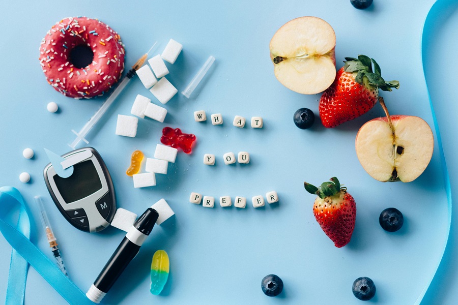 Are Keto Recipes Good for Diabetics Letter Beads That Spell Out, "What You Prefer" with Sugar and Blood Testing Kits on One Side and Fruits on the Other