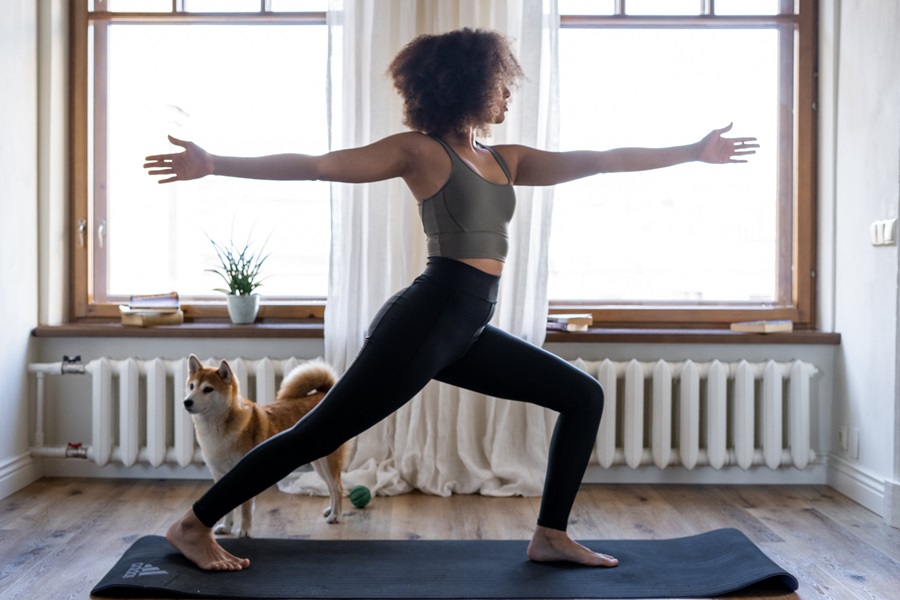 Morning Meltdown 100 Tips and Tricks a Woman Doing Yoga Poses with a Small Dog Behind Her in a Room with Two Windows and White Curtains