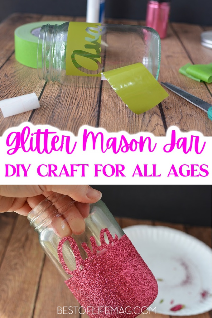 Add some sparkle to any room with this fun DIY Glitter Mason Jar! It can hold pencils, tealight candles, or just about anything you want! DIY Crafts | Mason Jar Crafts | Glitter Crafts | Mason Jar Ideas | DIY Home Ideas #DIY via @amybarseghian
