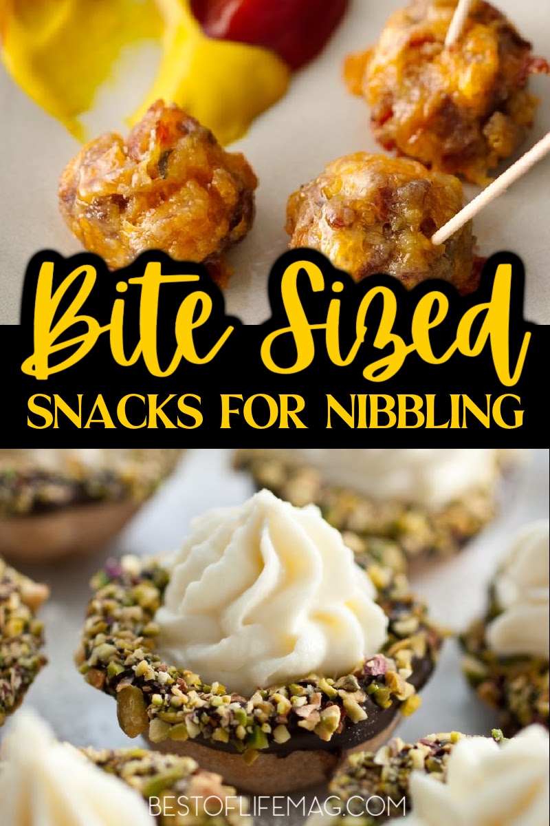 Bite sized snacks are perfect for parties and happy hour gatherings! These recipes are quick and easy to make, too! Party Recipes | Recipes for a Crowd | Party Dessert Recipes | Party Appetizer Recipes | Appetizer Recipes for a Crowd | Holiday Party Recipes | Summer Party Recipes | Birthday Party Recipes | Quick Snack Ideas | Easy Snack Recipes #partyrecipes #snackrecipes