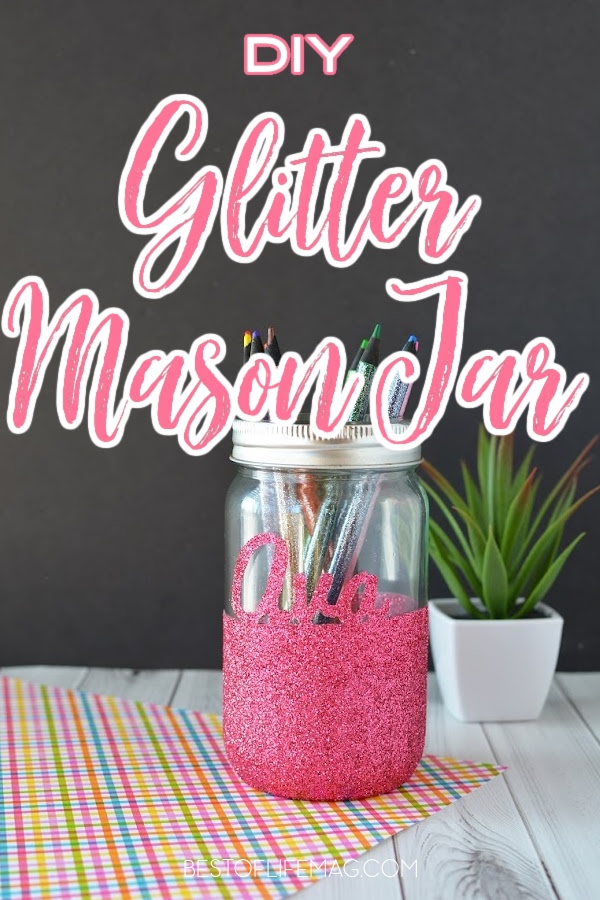 Add some sparkle to any room with this fun DIY Glitter Mason Jar! It can hold pencils, tealight candles, or just about anything you want! DIY Crafts | Mason Jar Crafts | Glitter Crafts | Mason Jar Ideas | DIY Home Ideas #DIY via @amybarseghian