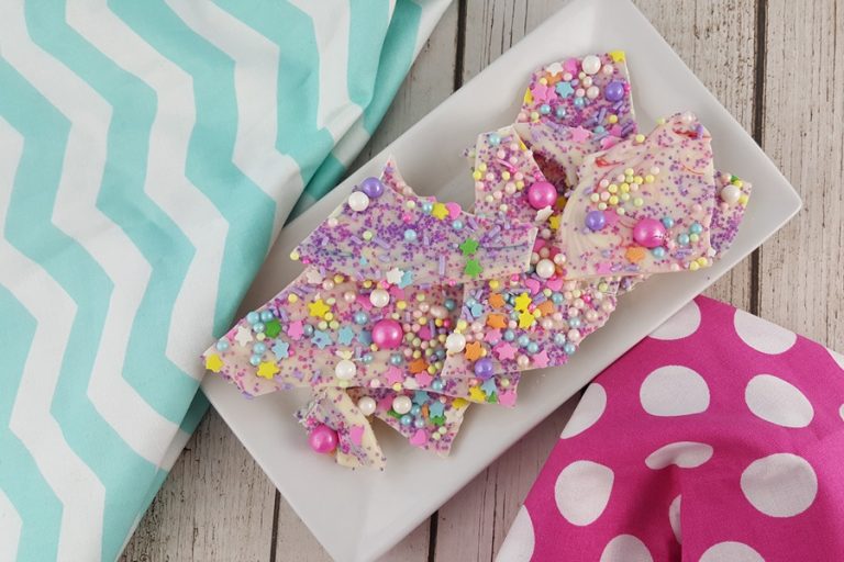 Unicorn Bark Recipe a Platter of Unicorn Bark with Assorted Colored Sprinkles