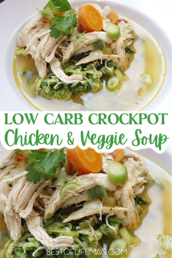 You will love this healthy low carb crockpot chicken and veggies soup recipe that is easy to make and fits effortlessly into your weight loss meal planning. Low Carb Soups | Low Carb Crockpot Soups | Slow Cooker Soups Low Carb | Keto Crockpot Soups | Keto Crockpot Recipes | Easy Dinner Recipes | Low Carb Chicken Soup #lowcarb #soups