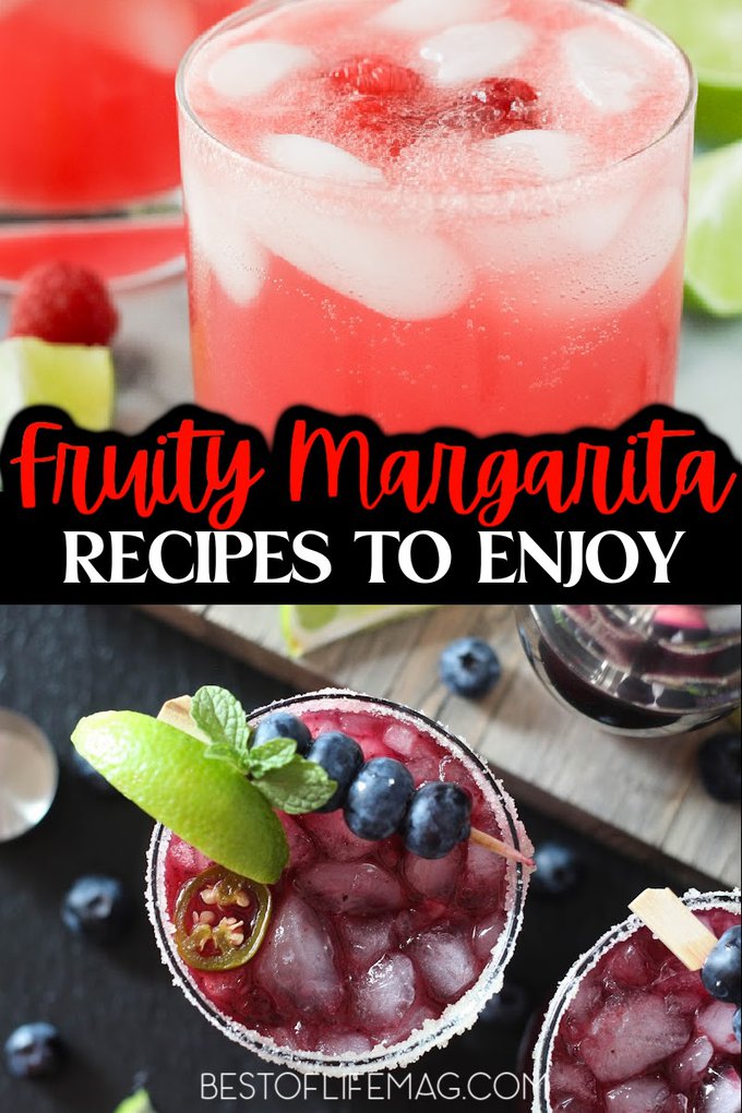 Enjoy these easy to make fruity margarita recipes when you need a refreshing cocktail! These are easy to adapt to pitcher recipes, too! Fruity Cocktails | Margarita Recipes | Margarita on the Rocks | Best Margaritas | Party Recipes | Party Drinks | Tequila Cocktail Recipes | Cocktails with Fresh Fruit | Party Drink Recipes | Recipes for Adults #margaritarecipes #partyrecipes