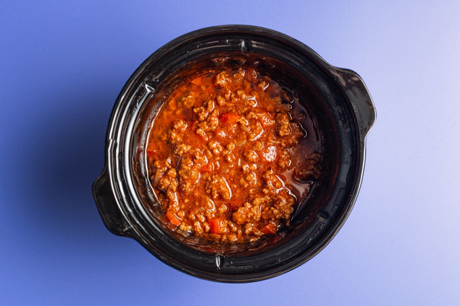 Easy Slow Cooker Sloppy Joes Recipe Overhead View of a Crockpot Filled with Sloppy Joe Meat Mixture