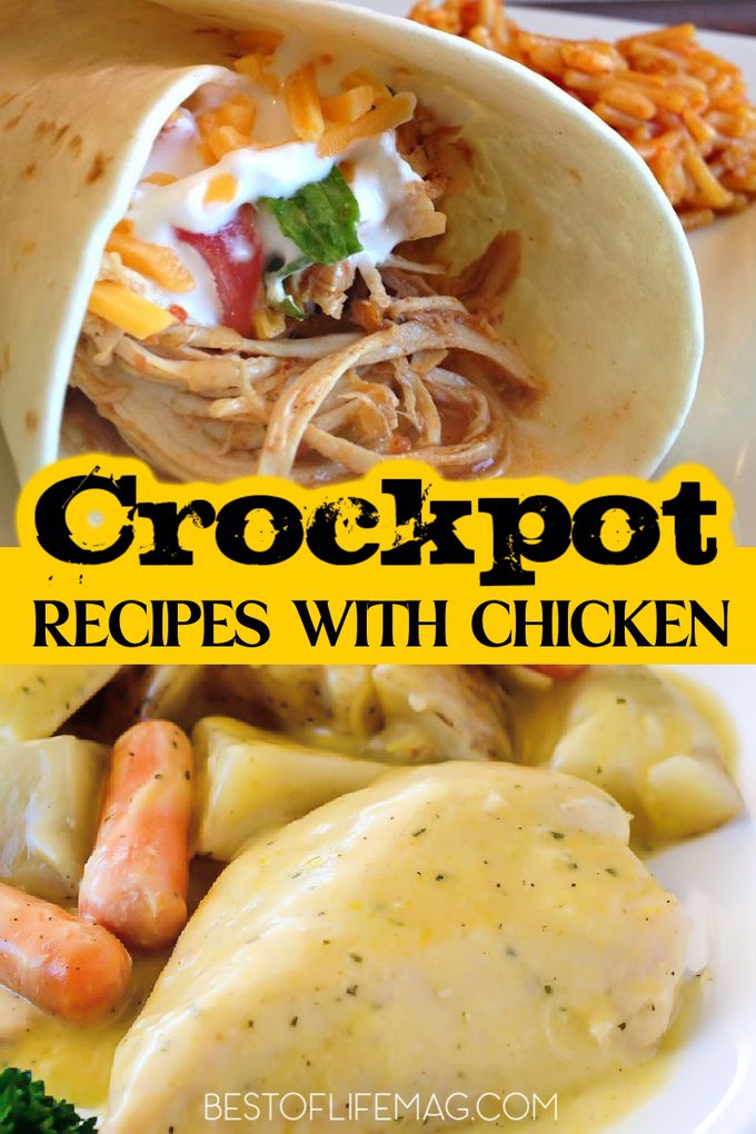 Save time in the kitchen with these crockpot chicken recipes! They are perfect weeknight meals or as holiday recipes that can be made quickly. Crockpot Chicken and Dumplings | Slow Cooker Chicken Noddle Soup | Crockpot Recipes with Chicken | Chicken Tacos Slow Cooker | Chicken Pot Pie Crockpot | Easy Crockpot Dinner Recipes | Easy Dinner Ideas | Meal Planning Chicken Recipes | Easy Lunch Recipes | Healthy Dinner Recipes #dinnerrecipes #crockpotrecipes