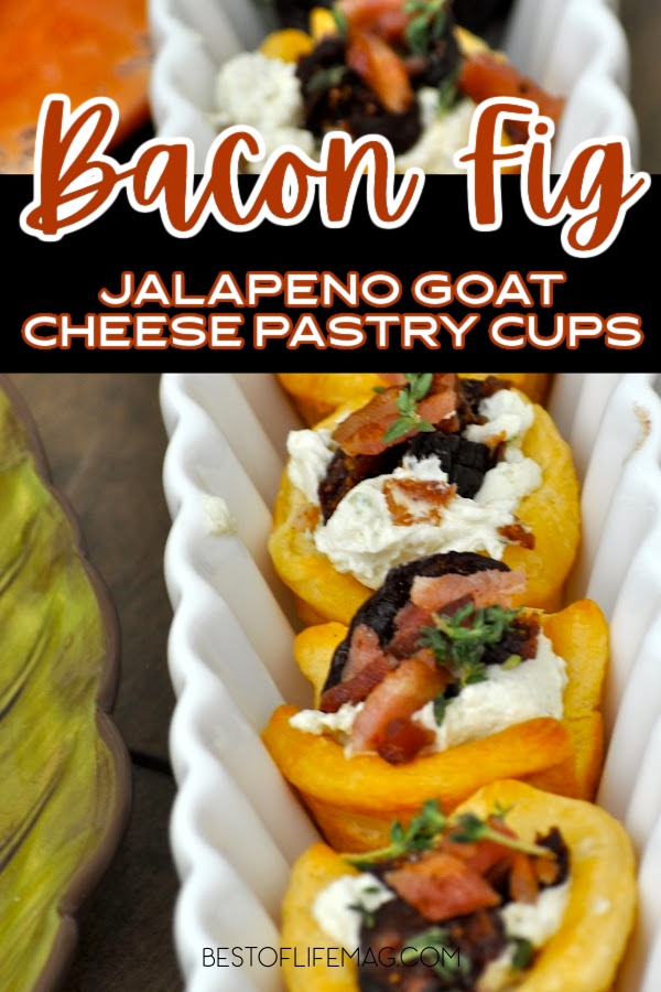 Impress guests with these delectable bacon, fig, and jalapeno goat cheese pastry cups during a party or an evening together in your home! Holiday Recipes | Recipes for Holiday Parties | Puff Pastry Recipes | Recipes with Puff Pastries | Recipes with Figs | Bacon Appetizer Recipes | Party Recipes with Bacon #appetizerrecipes #partyrecipes