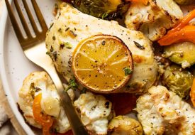 Low Carb Chicken and Veggies Sheet Pan Dinner Recipe Close Up of a Chicken Breast with Roasted Veggies