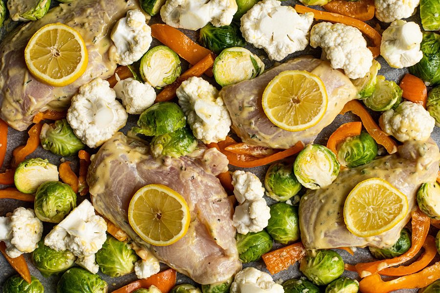Low Carb Chicken and Veggies Sheet Pan Dinner Recipe Overhead View of Coated Chicken Breasts Surrounded by Mixed Veggies