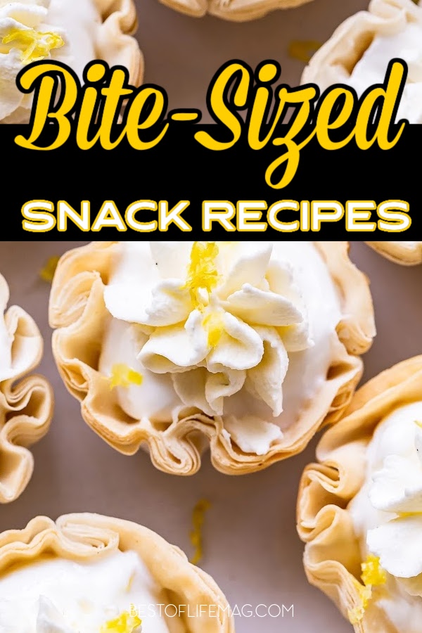 Bite sized snacks are perfect for parties and happy hour gatherings! These recipes are quick and easy to make, too! Party Recipes | Recipes for a Crowd | Party Dessert Recipes | Party Appetizer Recipes | Appetizer Recipes for a Crowd | Holiday Party Recipes | Summer Party Recipes | Birthday Party Recipes | Quick Snack Ideas | Easy Snack Recipes #partyrecipes #snackrecipes