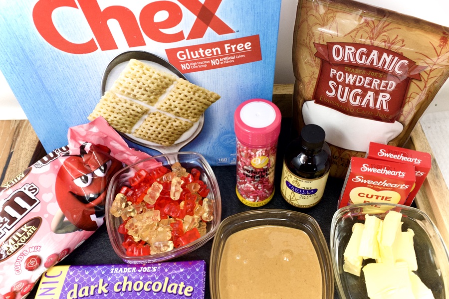 Valentines Puppy Chow Recipe Ingredients Separated On a Kitchen Counter