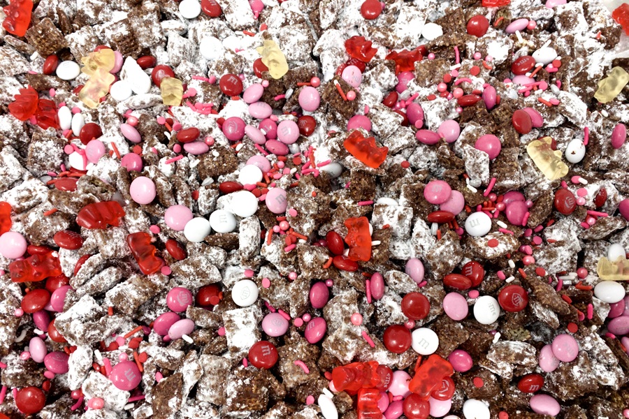 Valentines Puppy Chow Recipe Close Up of Puppy Chow Mix