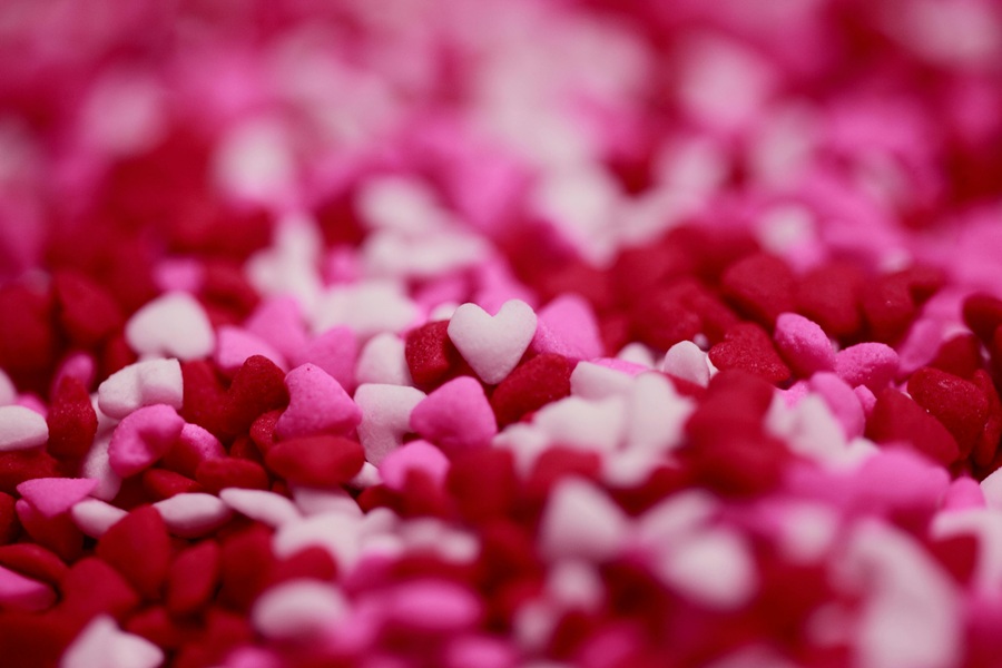 Valentines Puppy Chow Recipe Close Up of Heart-Shaped Sprinkles